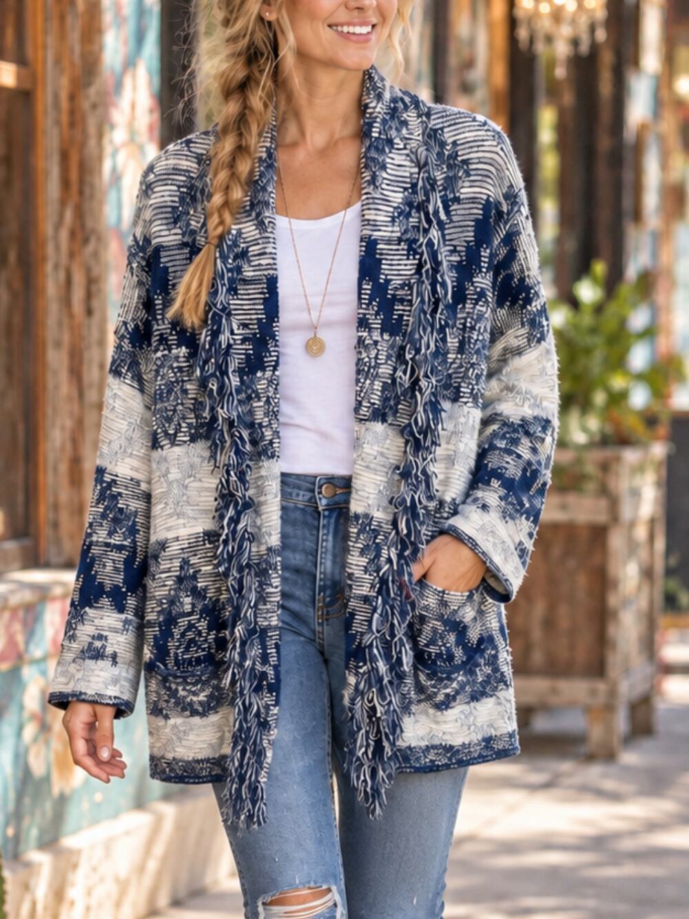 American Eagle Outfitters Aztec Fringe Cardigan Sweater Jacket Blue L